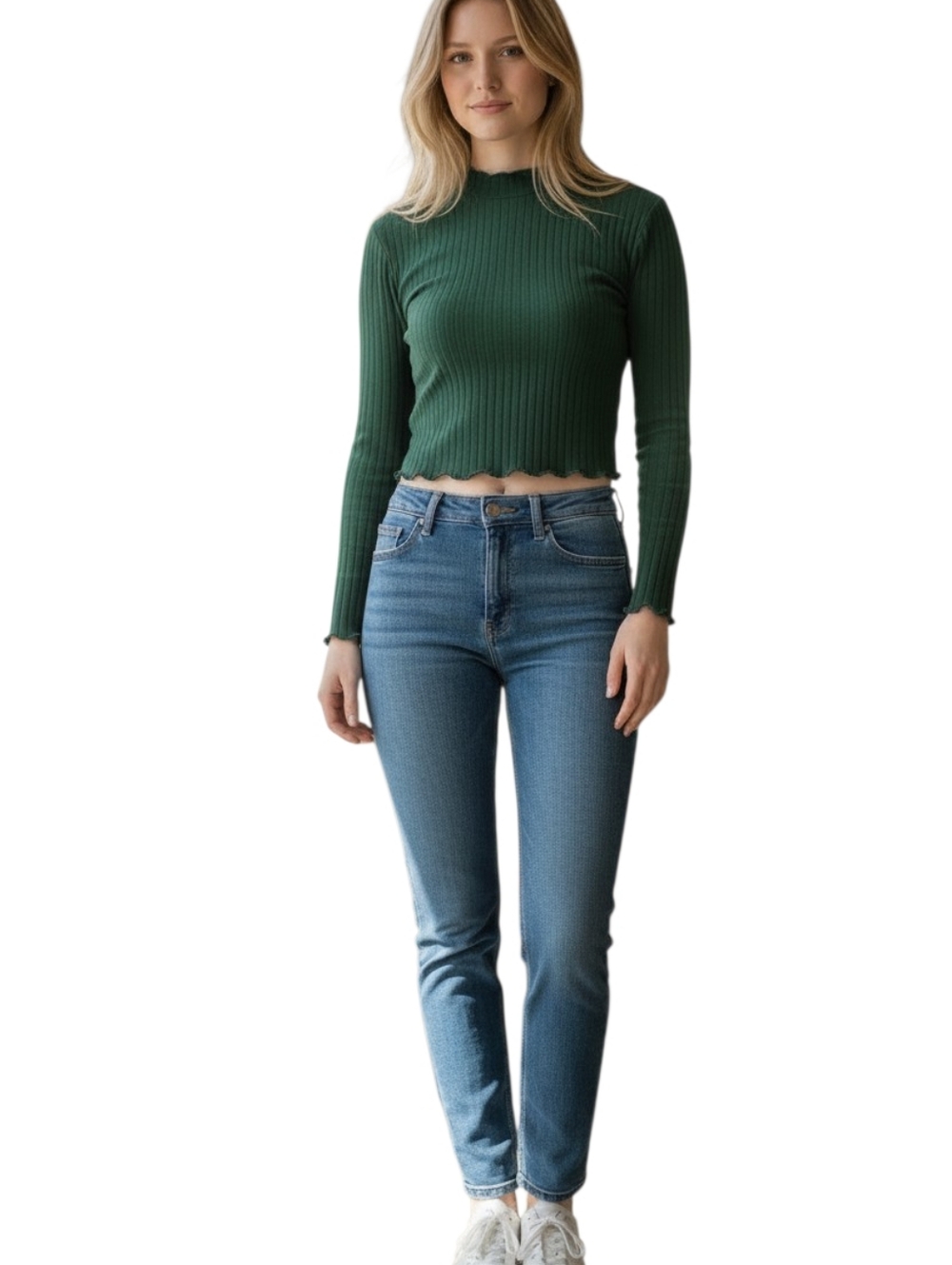 American Eagle Crop Knit Top Women L Mock Neck Long Sleeve Green Ribbed Knit